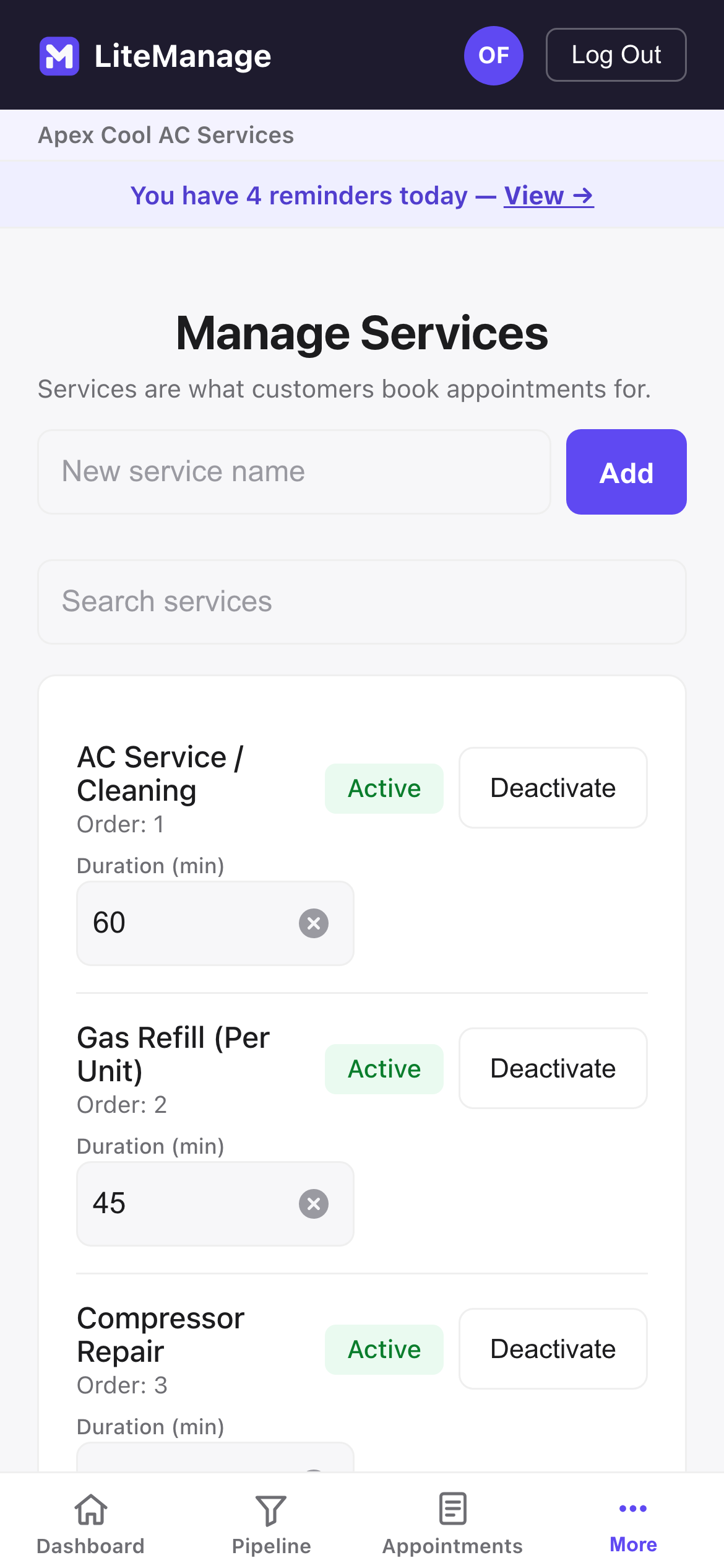 Your services and their prices