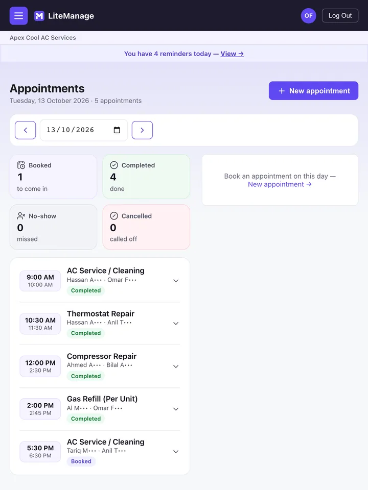 Today’s appointments in LiteManage on a tablet (demo data)